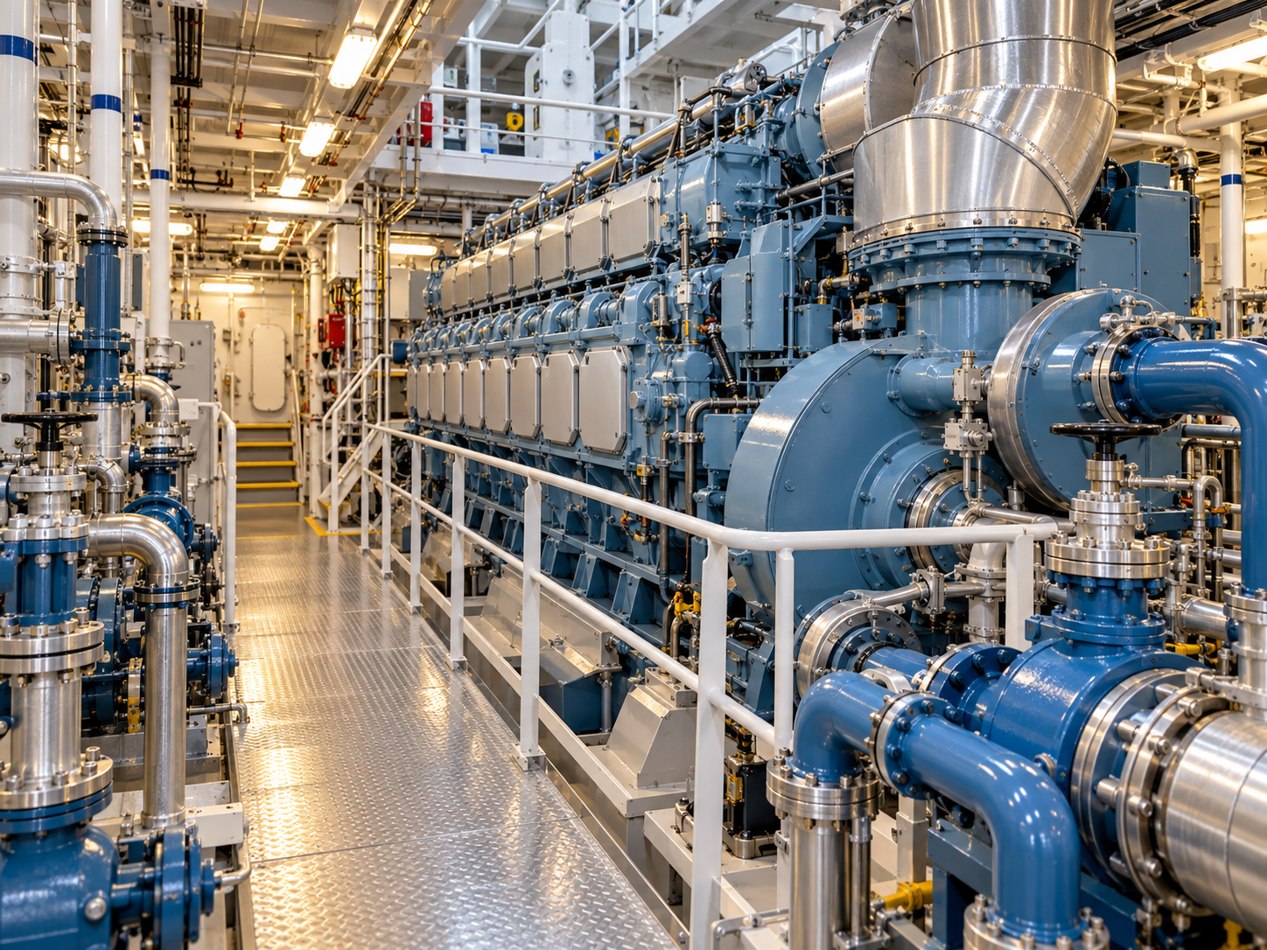 Illustrative marine engine room with propulsion equipment, pumps and valves